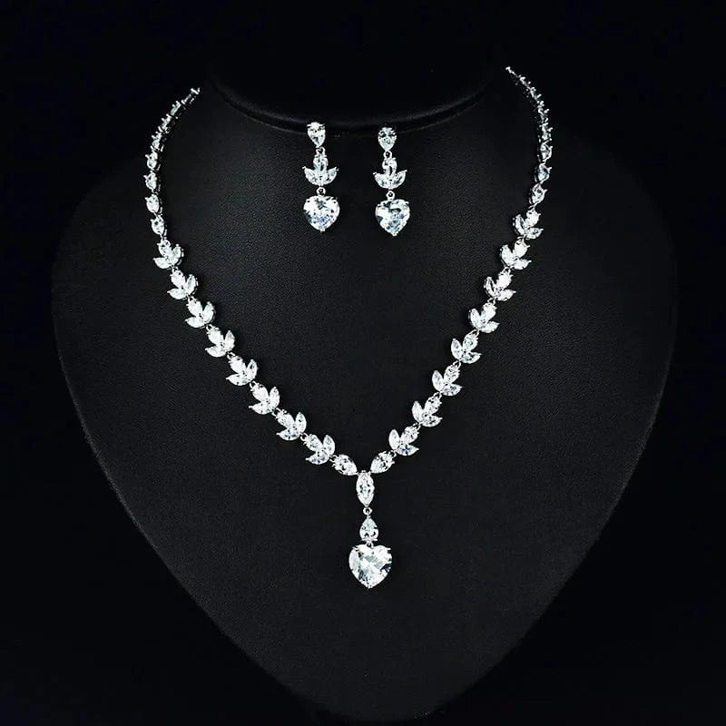 3 Korean luxury heart zircon bridal jewelry set wedding minimalist leaf crystal necklaces dangle stud earrings sets dinner party