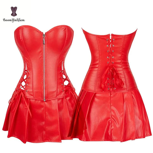 3 Pcs in 1 Ladies Slim Shapers Underwear Plus Size Bustier Top Red Synthetic Leather Corset Dress With G String