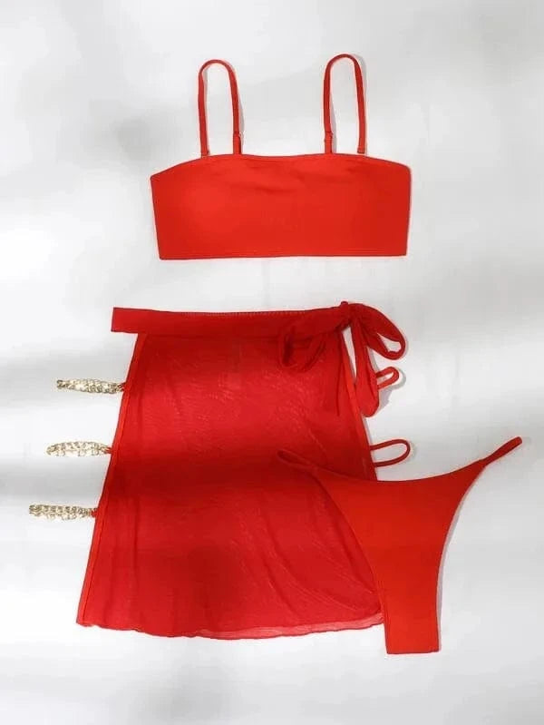 3 Piece Bathing Suit for Women Chain Linked Swimwear High Cut Thong Bikini Push Up Swimsuit with Cover Up Skirt 2024 Summer