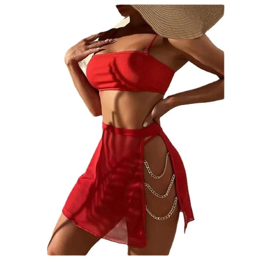 3 Piece Bathing Suit for Women Chain Linked Swimwear High Cut Thong Bikini Push Up Swimsuit with Cover Up Skirt 2024 Summer