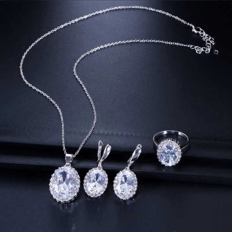 3 Piece Gorgeous Oval Round Cut Cubic Zircon Crystal Earring Necklace and Ring Set for Women Engagement Wedding Party Jewelry