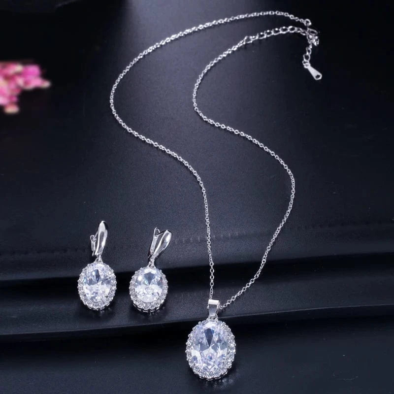 3 Piece Gorgeous Oval Round Cut Cubic Zircon Crystal Earring Necklace and Ring Set for Women Engagement Wedding Party Jewelry