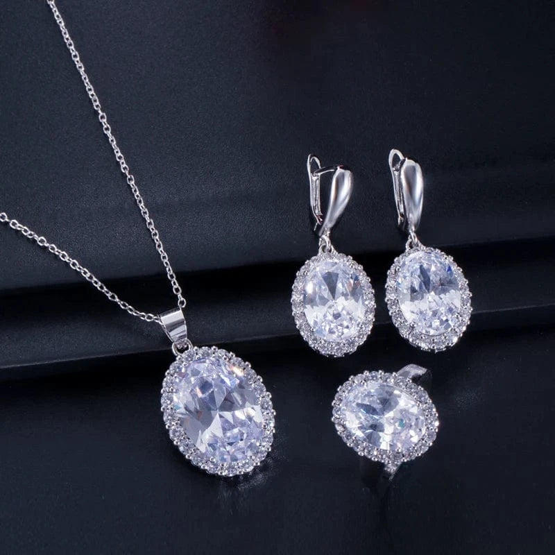 3 Piece Gorgeous Oval Round Cut Cubic Zircon Crystal Earring Necklace and Ring Set for Women Engagement Wedding Party Jewelry
