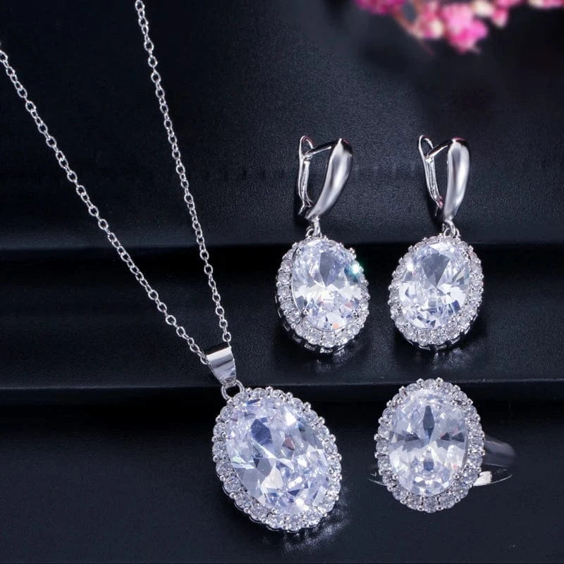 3 Piece Gorgeous Oval Round Cut Cubic Zircon Crystal Earring Necklace and Ring Set for Women Engagement Wedding Party Jewelry