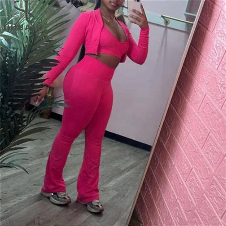 3 Pieces Fitness Yoga Set Women Solid Color Stretch Athletic Suit Sexy Bra Zipper Jacket High Waist Leggings Female Sportswear