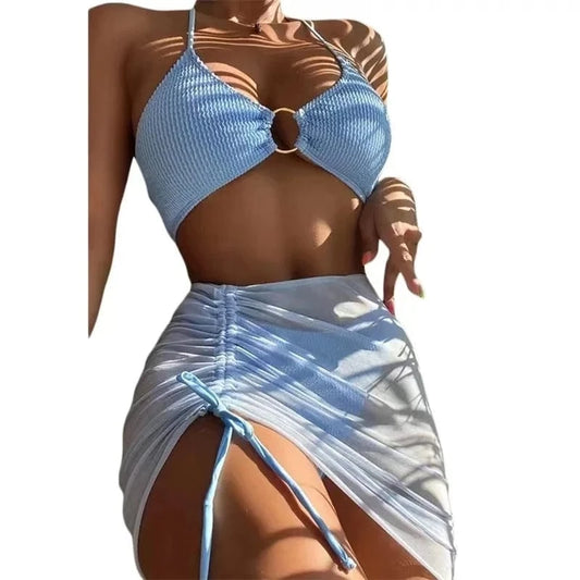 3 Pieces Mesh Skirt Swimsuit Women Halter Micro Ribbed Bikini 2024 High Waist Swimwear Sexy Solid Beachwear Bathing Suit Biquini