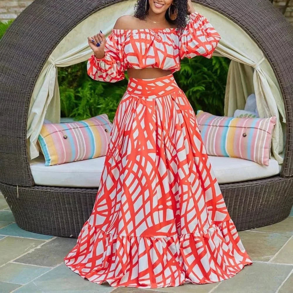 3 XL / 08 9423 2024 New Design Chic Printed Ladies Crop Top Blouse And Maxi Skirts With Pockets Summer Fashion 2 Piece Vacation Outfits
