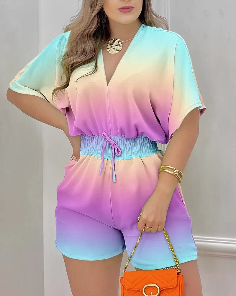 3 XL / 1 2024 Summer New Women's Wear Short-sleeved V-neck Lace-up Jumpsuit Women's Casual Beach Getaway Jumpsuit