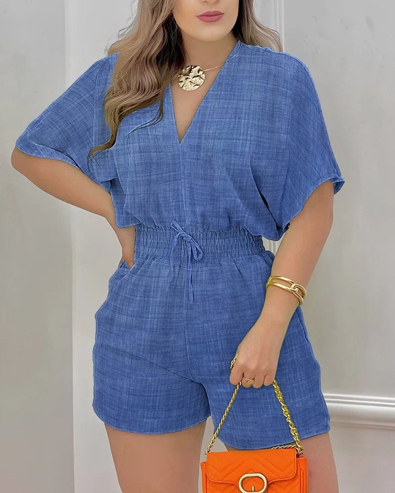 3 XL / 3 2024 Summer New Women's Wear Short-sleeved V-neck Lace-up Jumpsuit Women's Casual Beach Getaway Jumpsuit