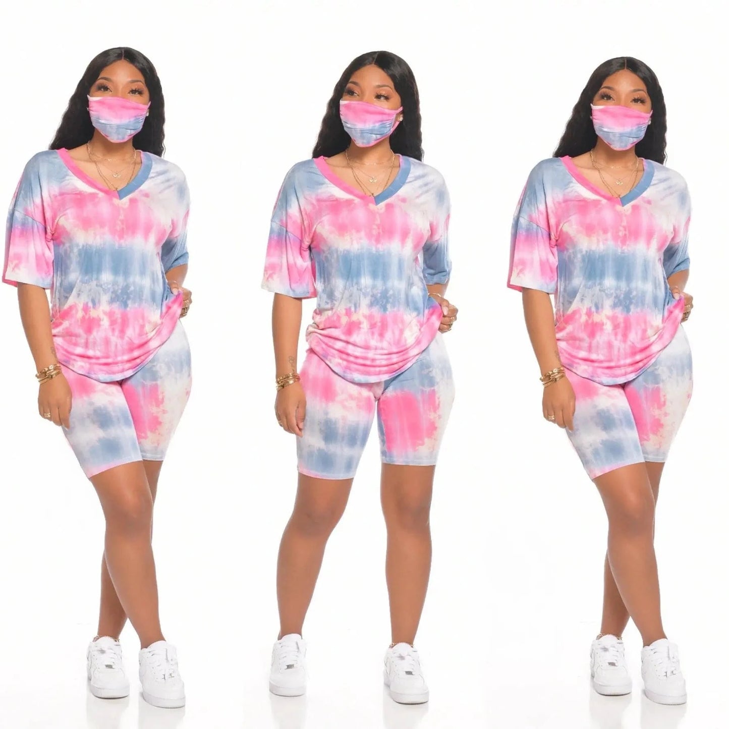 3 XL / 4 2024 New Arrival 2 Piece Set Women Summer Tie Dye Loose T-shirt Shorts Set 2 Piece Outfits for Women