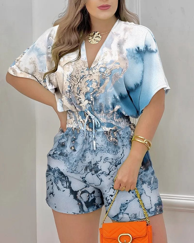 3 XL / 4 2024 Summer New Women's Wear Short-sleeved V-neck Lace-up Jumpsuit Women's Casual Beach Getaway Jumpsuit