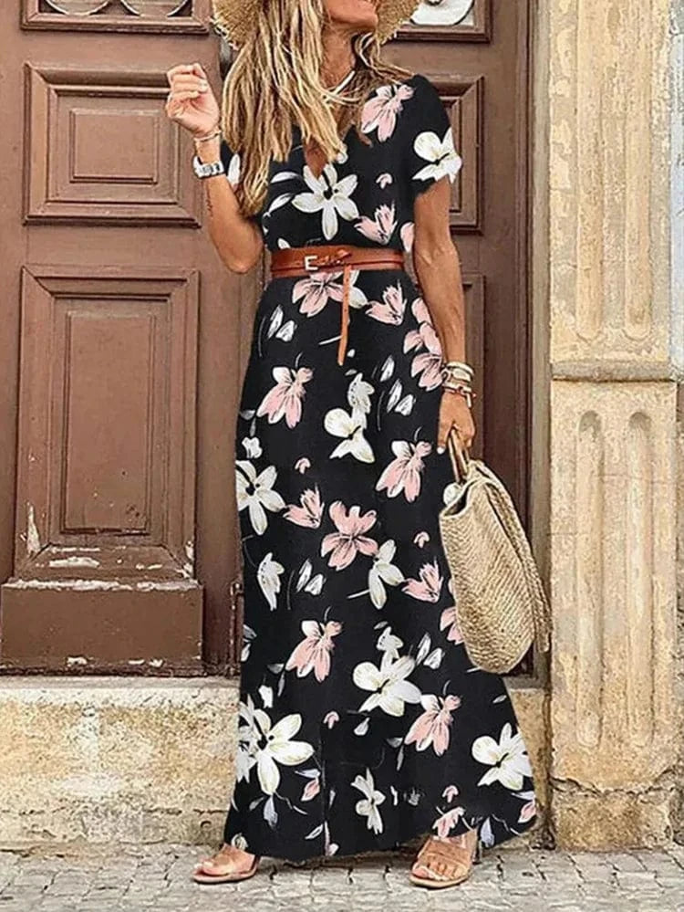 3 XL / 7 2024 Spring and Summer Explosion Bohemian Printed V-Neck Floral Dress Seaside Beach Vacation Dresses
