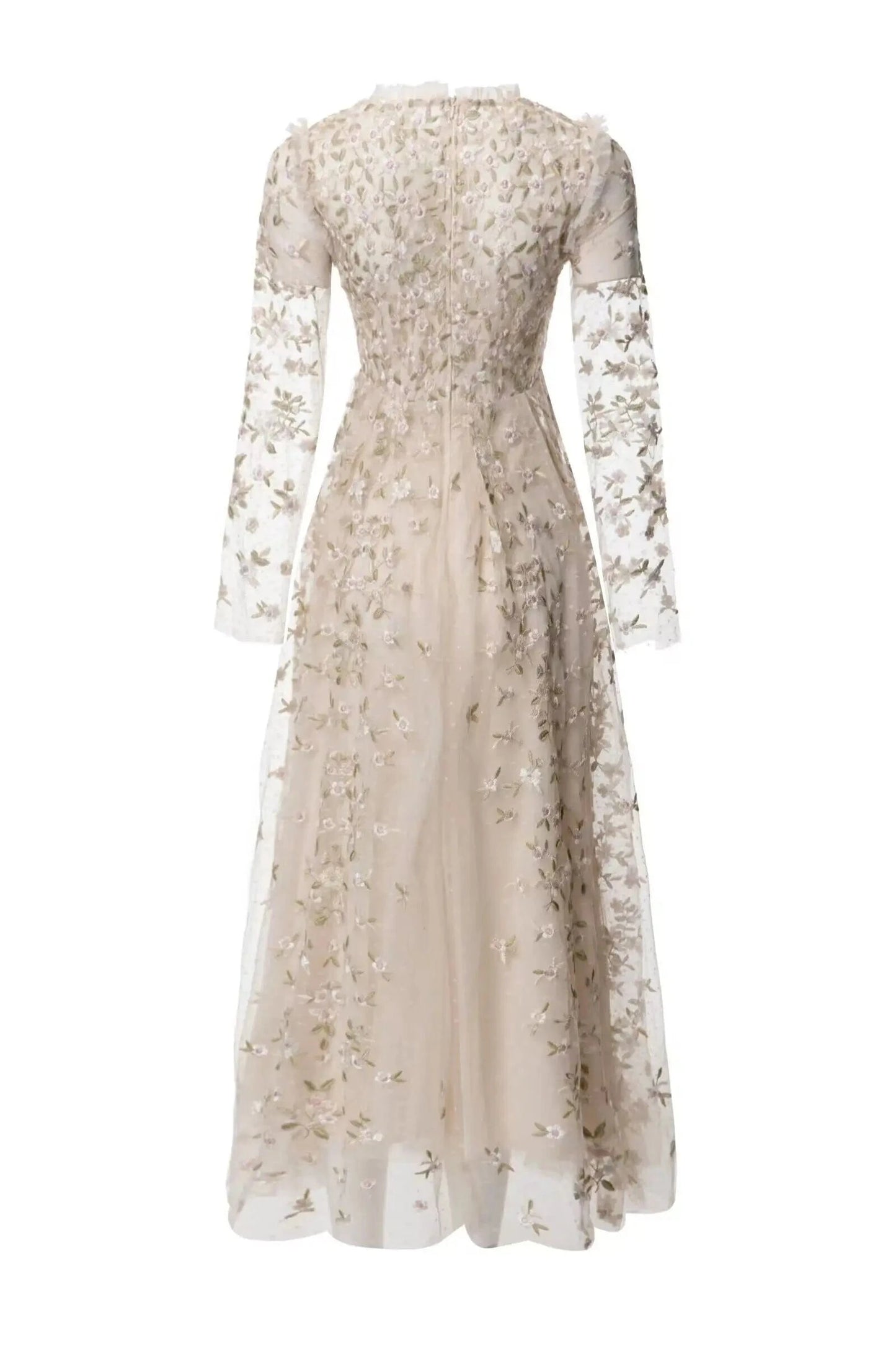 3 XL / Apricot XXXL Evening Long Dress 2024 Spring Celebrity Party Women Allover Luxurious Embroidery Long Sleeve Sexy Tulle Mesh Maxi Dress