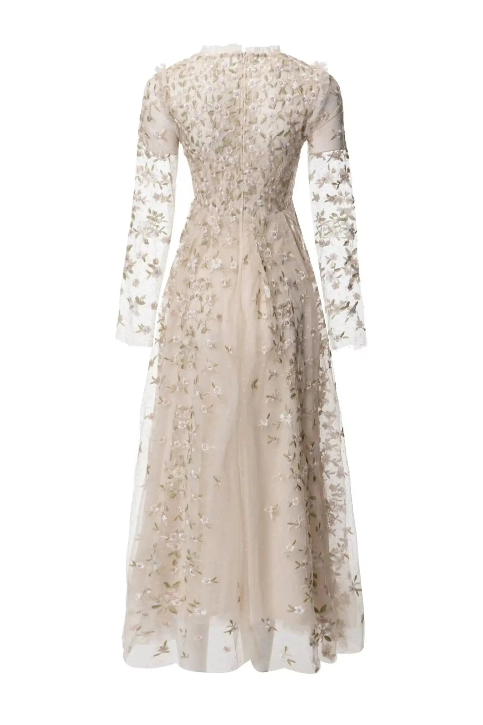 3 XL / Apricot XXXL Evening Long Dress 2024 Spring Celebrity Party Women Allover Luxurious Embroidery Long Sleeve Sexy Tulle Mesh Maxi Dress