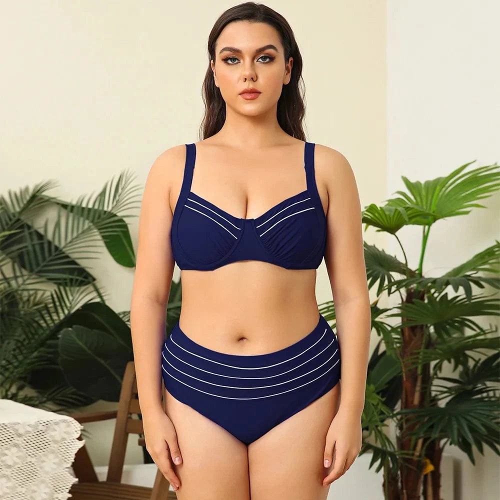 3 XL / dark blue DAMOCHIC Wholesale Price Plus Size Swimwear Designer Custom Bathing Suits for Women Luxury Big Large Fat High Waist Bikini 2023