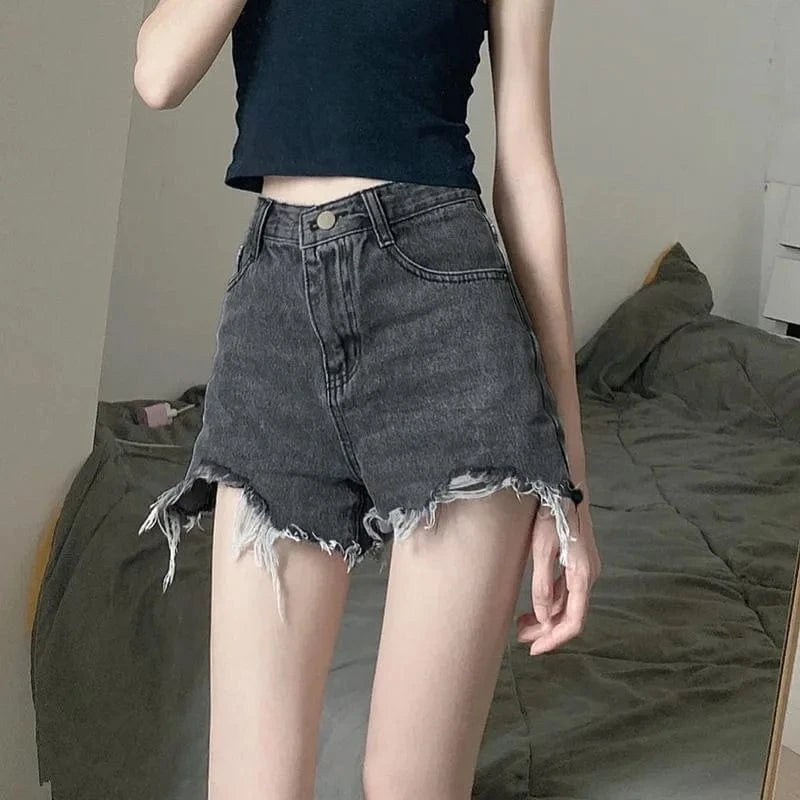 3 XL / Gray Summer 2024 women plus size high waisted ripped A-line ruffled hot pants