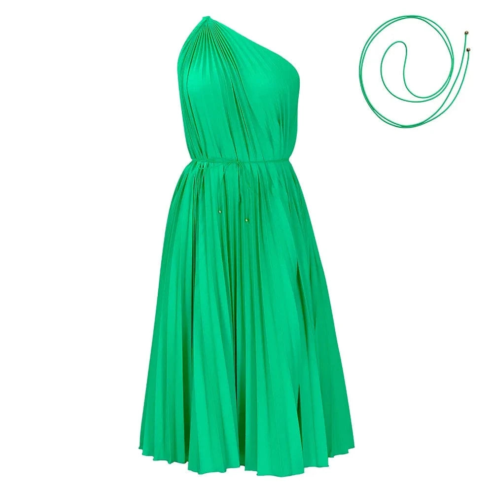 3 XL / Green 2024 Custom Dresses Women Slash Shoulder Big Swing Strap Pleated Dress Solid Color Summer Dresses