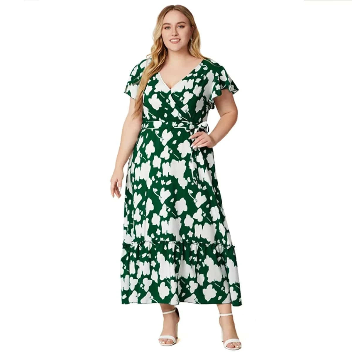 3 XL / Green 2024 New Arrivals women's v-neck short sleeve printed lace-up slit dress