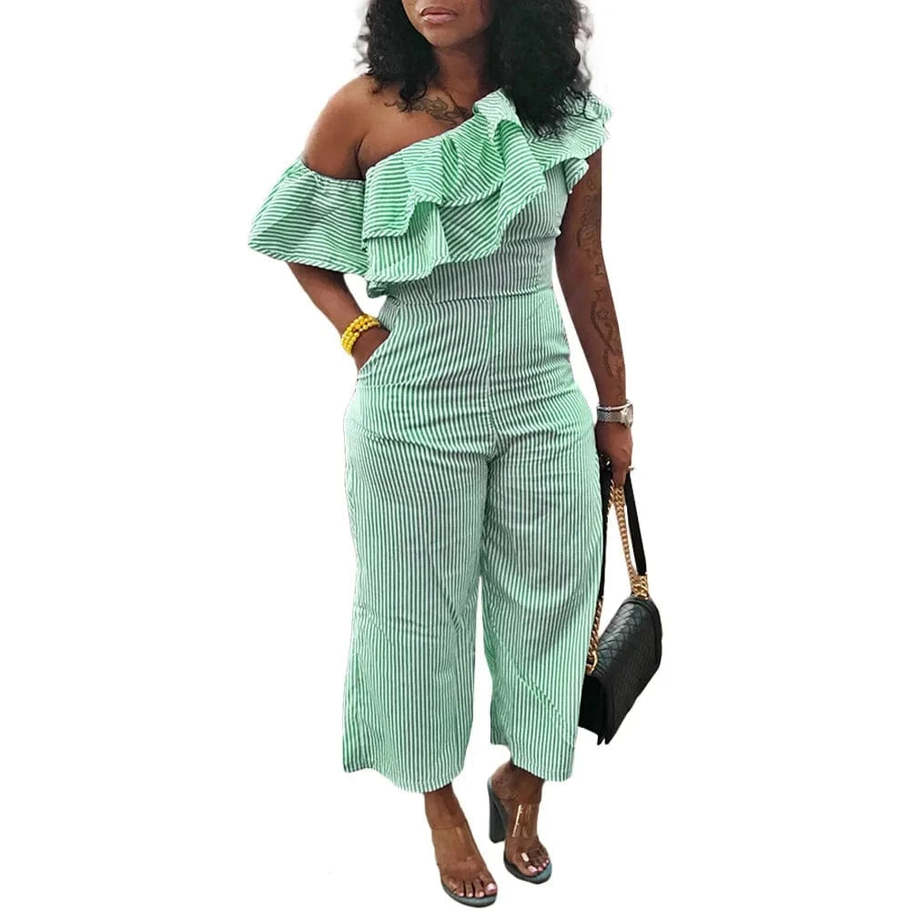 3 XL / Green Liu Ming African Fashion 2024 Trending Women Sexy Ruffle Patchwork One Shoulder Striped Print Playsuit Jumpsuits