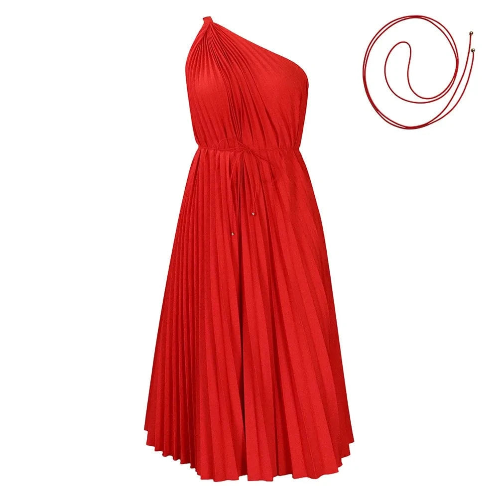 3 XL / Red 2024 Custom Dresses Women Slash Shoulder Big Swing Strap Pleated Dress Solid Color Summer Dresses