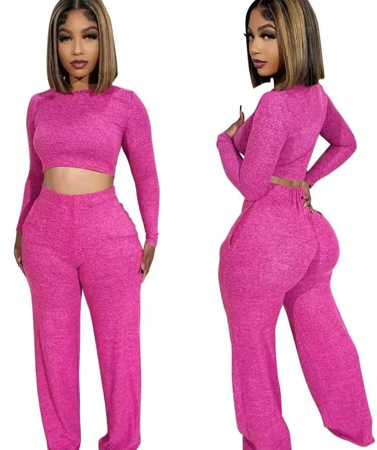 3 XL / Rose Madder Z167177 Clothes 2024 spring 2 pieces women long sleeve 2 piece sets outfits crop top Top Trousers Casual suit