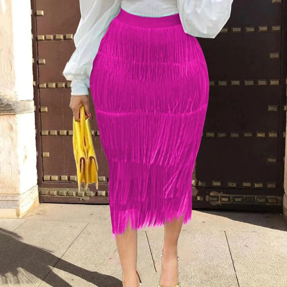 3 XL / Rose  red Women Green Midi Length Ladies Slim Jupe Saias Faldas Sexy Bodycon High Waist Stretch Sheath Fringe Pencil Tassel Girl Skirts