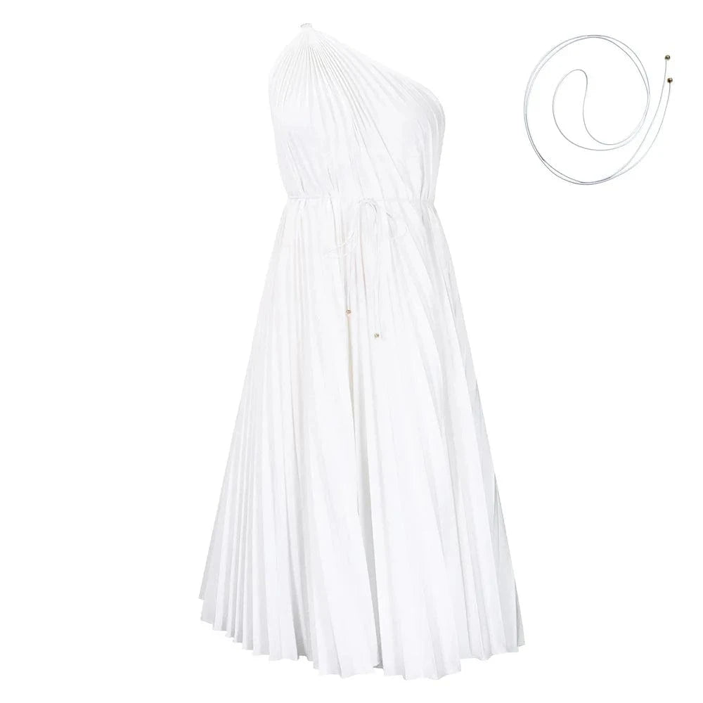 3 XL / White 2024 Custom Dresses Women Slash Shoulder Big Swing Strap Pleated Dress Solid Color Summer Dresses