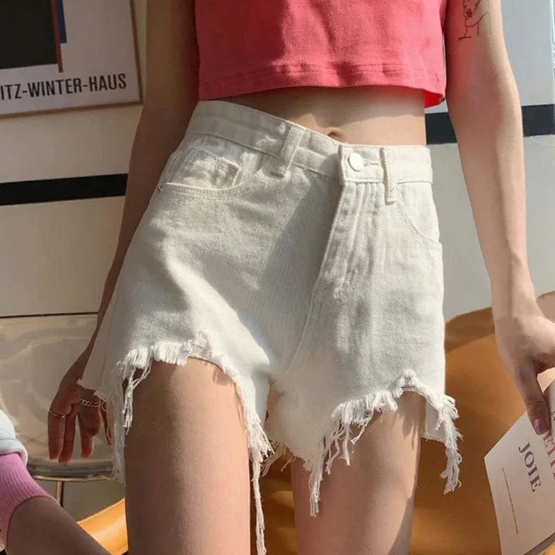 3 XL / White Summer 2024 women plus size high waisted ripped A-line ruffled hot pants