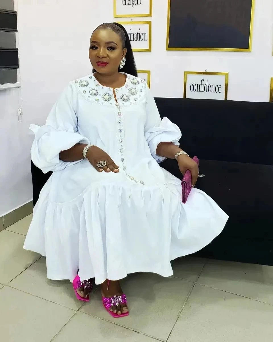 3 XL / White xxl-5xl Plus Size 2024 Spring Long Sleeve Satin Muslim Robe Dress Elegant Loose Maxi Beaded Dress Party Dress African Women