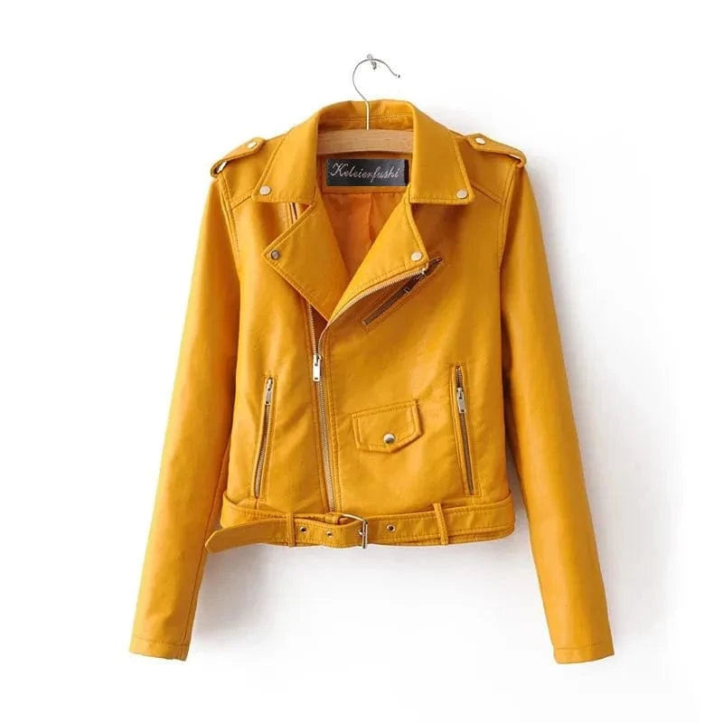 3 XL / Yellow 2024 New Fall Jacket Woman Pu Coat Asymmetrical Short Motorcycle Leather Jacket Women