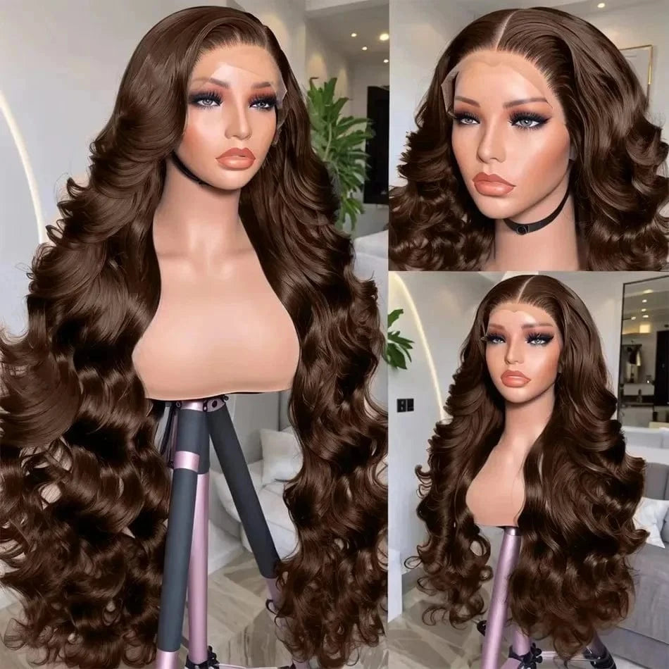 30 32 Inch Chocolate Brown Body Wave Human Hair Wig Brazilian 13x6 Hd Lace Frontal Wig Chocolate Brown Lace Front Wigs For Women
