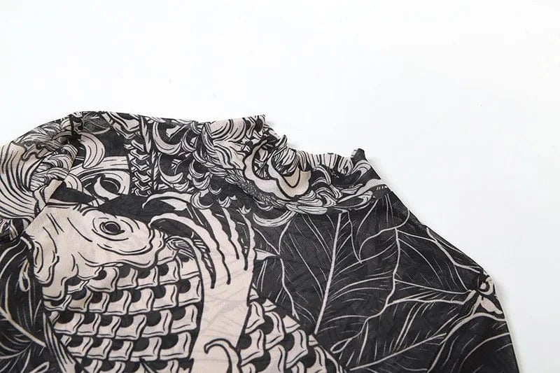 30% Off Mesh Printed Women Maxi Dress Full Sleeve Bodycon High Street Party Attirewear See Through Long Dress for Wholesale