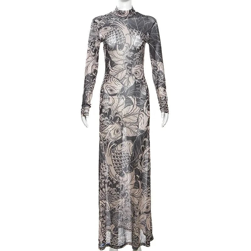 30% Off Mesh Printed Women Maxi Dress Full Sleeve Bodycon High Street Party Attirewear See Through Long Dress for Wholesale