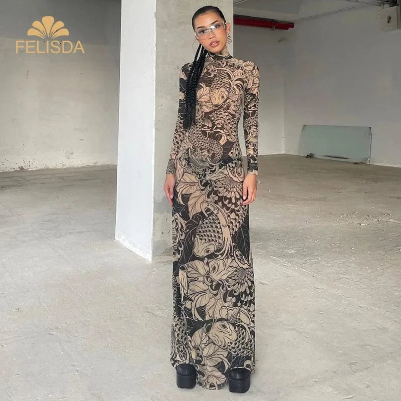 30% Off Mesh Printed Women Maxi Dress Full Sleeve Bodycon High Street Party Attirewear See Through Long Dress for Wholesale
