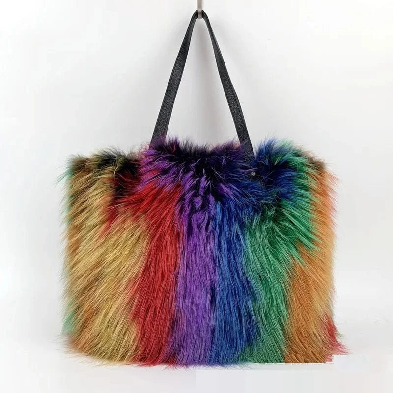 30x38x11 cm / Color 8 High Capacity Women Handbag Soft Fluffy Hand Crossbody Bag Real Fox Raccoon Fur Bags Women Handbags Ladies