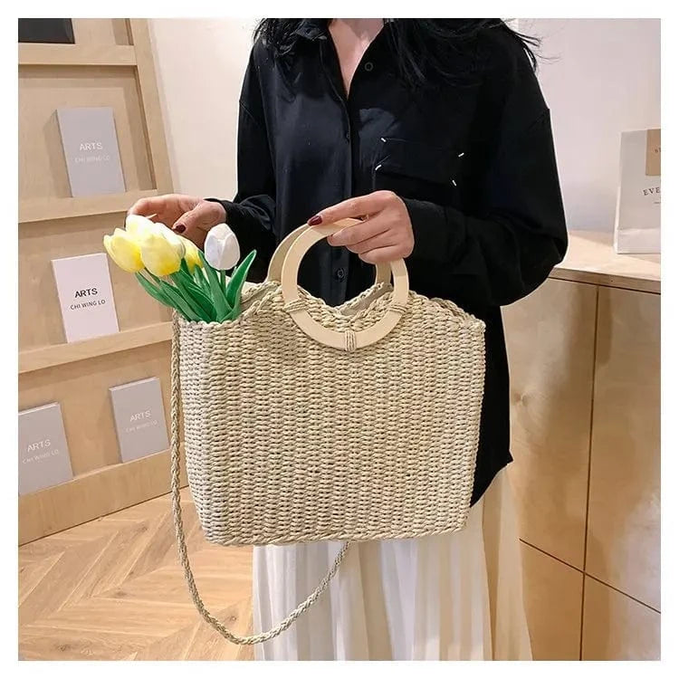 31*30*10cm / Beige Casual Wicker Woven Basket Bags Rattan Women Handbags Summer Beach Straw Large Capacity Tote Big Shoulder Crossbody Bag 2024
