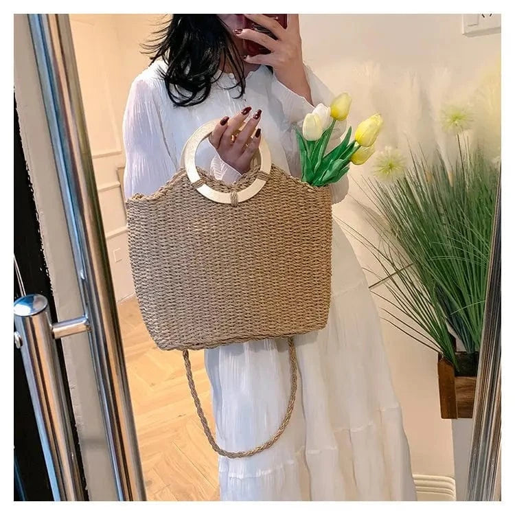 31*30*10cm / Brown Casual Wicker Woven Basket Bags Rattan Women Handbags Summer Beach Straw Large Capacity Tote Big Shoulder Crossbody Bag 2024