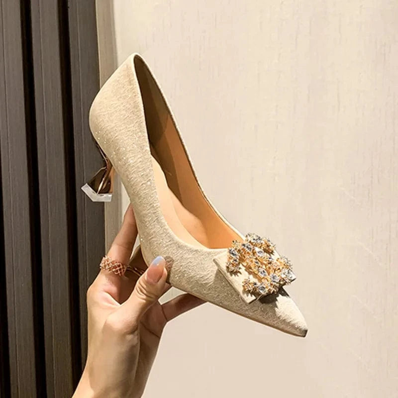 31 / Apricot(6cm)` Fashion Women Spring Summer Stilettos Outside Banquet Wedding Bridal Shoes Shallow Rhinestone Buckle Sandals Female