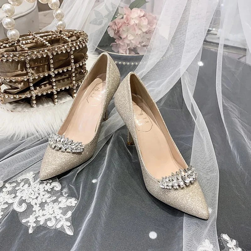 31 / Champagne(7cm)` New Female Pointed-toe Rhinestone Wedding Dress Sandals Shallow Sequins Banquet Ladies High Heels Stilettos
