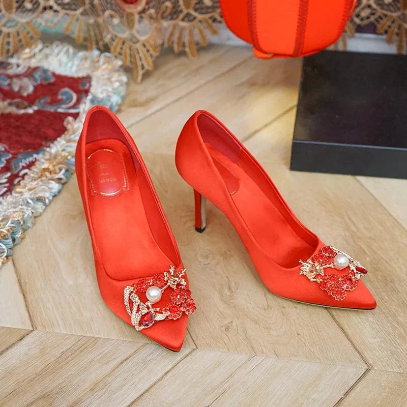 31 / Red(9cm)` Women New Red Silks Satin Pumps Female Point Toe Rhinestone High Heels Ladies Outside Wedding Dress Sandals