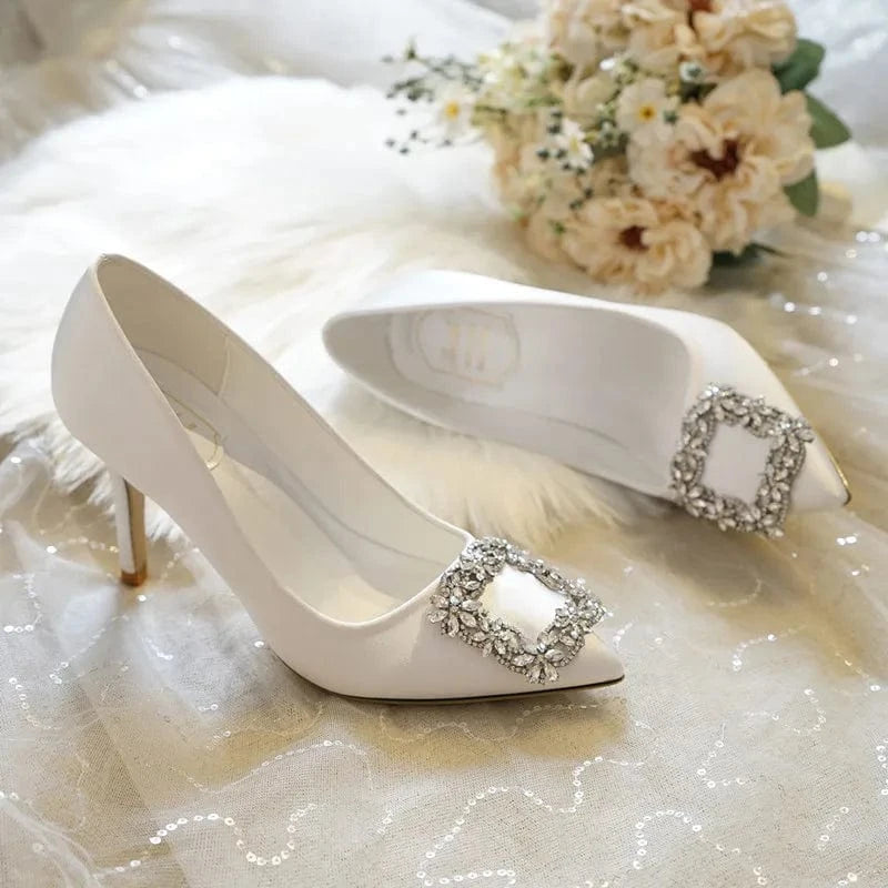 31 / White(7cm)` Women Wedding Shoes 31-43 Pointed-toe Square Buckle Women Pump Ladies Banquet Dress Shoes Four Seasons Wear Female High Heels