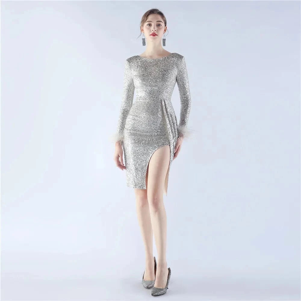 31339# 2024 new spot craft order ostrich hair short dress long sleeve bead