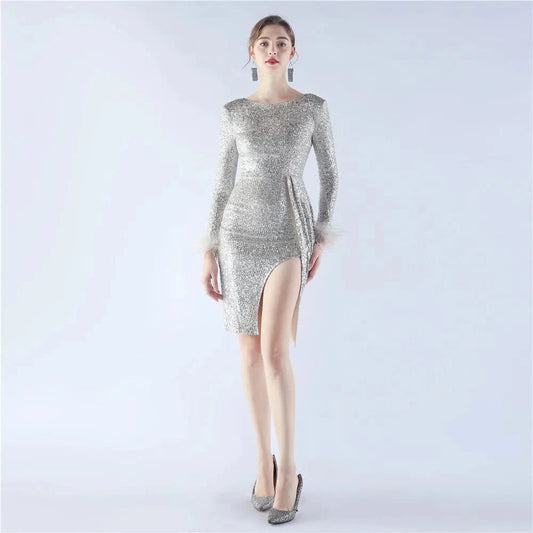 31339# 2024 new spot craft order ostrich hair short dress long sleeve bead