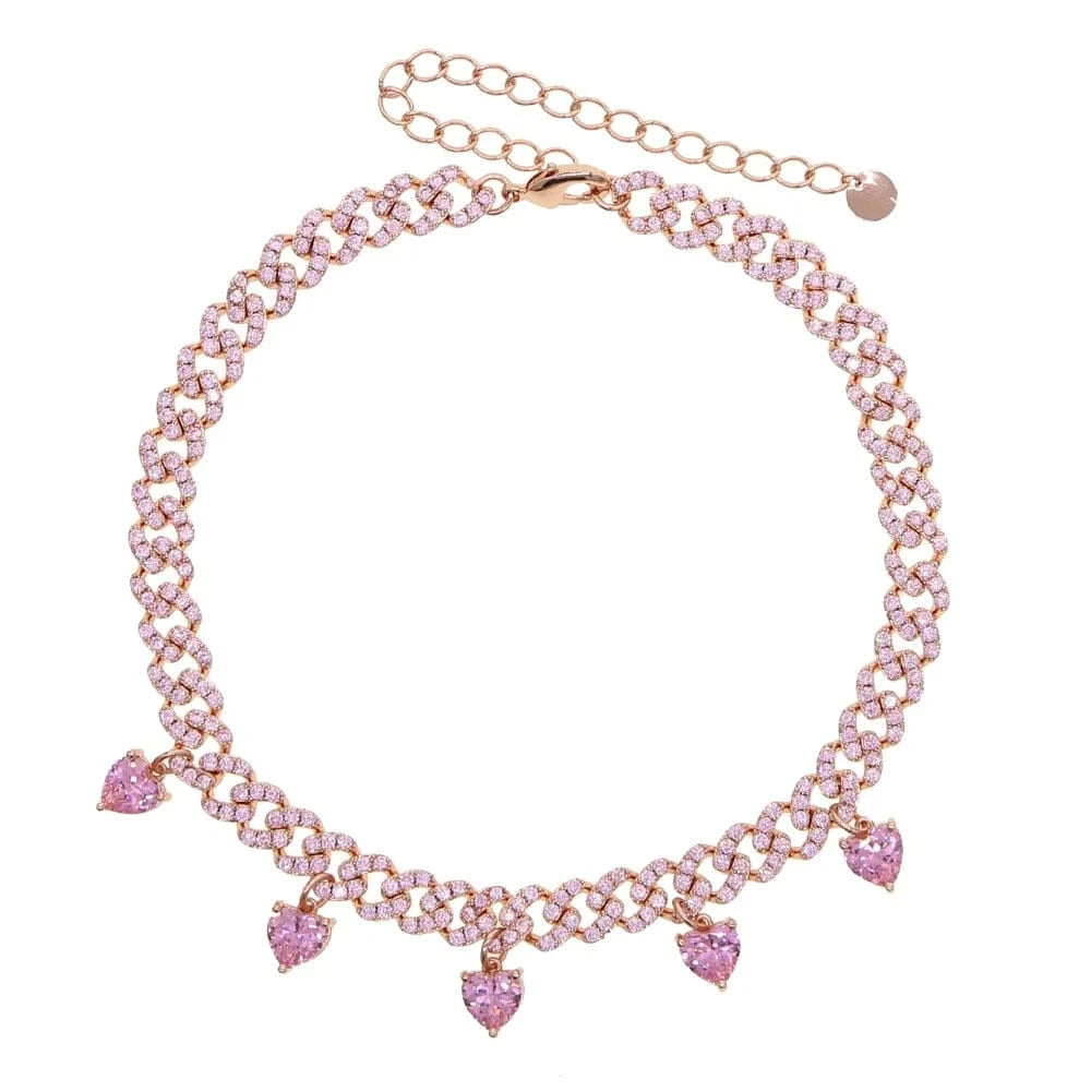32+10cm / N324-pink 2024 Valentine's Day Gift for girlfriend iced out bing cuban chain white sparking bling 5 heart charm diamond necklace