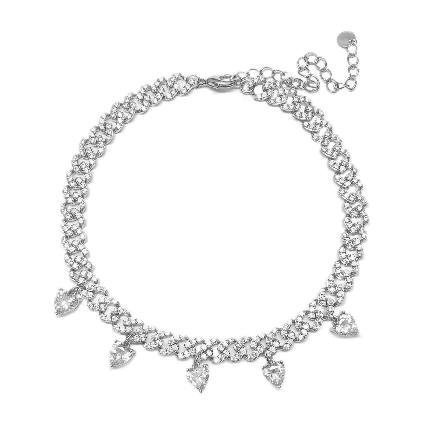 32+10cm / N324-Silver 2024 Valentine's Day Gift for girlfriend iced out bing cuban chain white sparking bling 5 heart charm diamond necklace