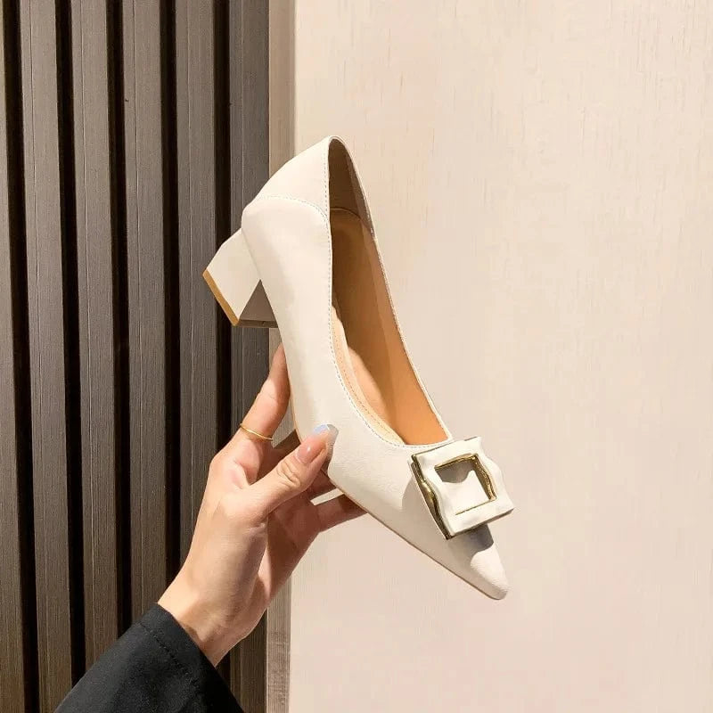 32 / Beige(5cm)` New Female Pointed-toe Buckle Block Heels Women Spring Autumn Mid Heels Outside Banquet Office Ladies Dress Shoes