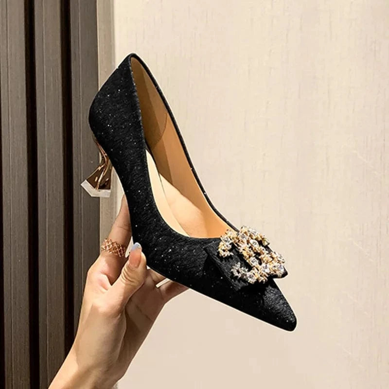32 / Black(6cm)` Fashion Women Spring Summer Stilettos Outside Banquet Wedding Bridal Shoes Shallow Rhinestone Buckle Sandals Female