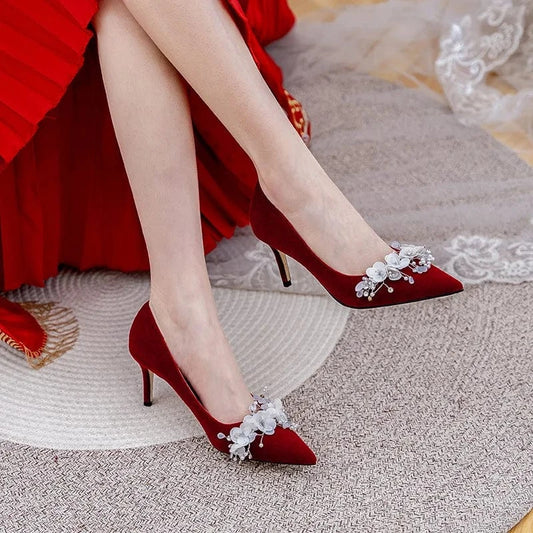 32 / Claret(5cm)` New Female Pointed-toe Flower Decoration Stilettos Wedding Pumps Shoes for Ladies Shallow Suede Banquet Sandals