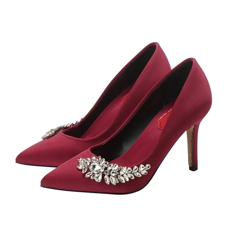 32 / Claret(9cm)` Luxury Big Crystal Mujer Wedding Sandals Female Pointed-toe Shallow Rhinestone Stilettos Spring Autumn Women High Heels