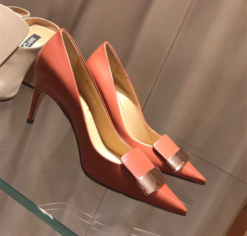 32 / Leather orange(9cm)` New Women Pointed-toe Shallow Buckle Stilettos Outside Office Ladies Dress Sandals Female Summer Autumn High Heel Pumps